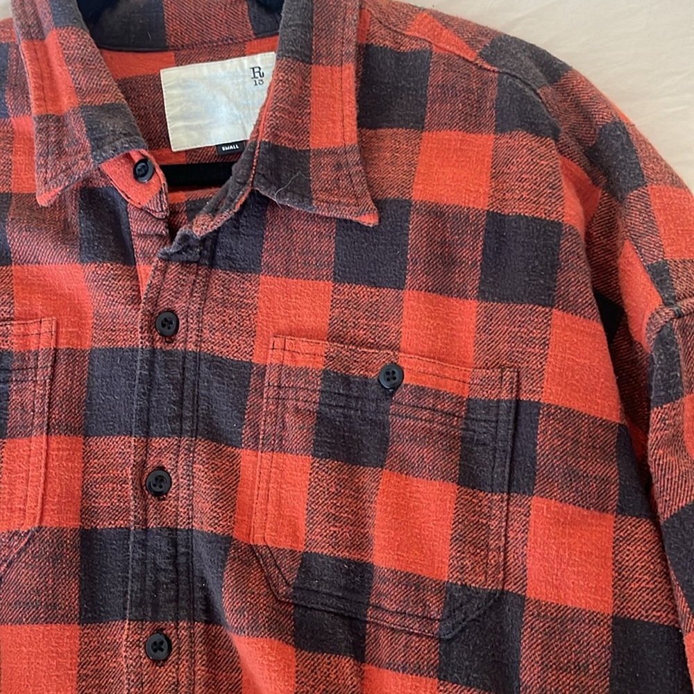 R13 Red and Black Buffalo Plaid Cropped Button-Up Shirt - Picture 7 of 14